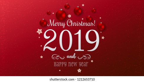 Christmas 2019 and New Year typographical on red background with gold stars. Xmas card. Vector Illustration