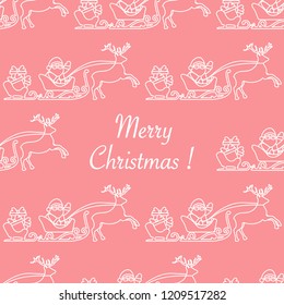 Christmas 2019 seamless pattern. Vector illustration Santa Claus with gifts in sleighs with reindeers. Design for print.