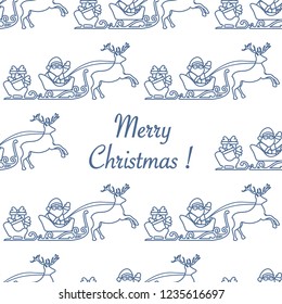 Christmas 2019 seamless pattern. Vector illustration Santa Claus with gifts in sleighs with reindeers. Design for print.