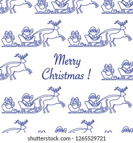 Christmas 2019 seamless pattern. Vector illustration Santa Claus with gifts in sleighs with reindeers. Design for print.
