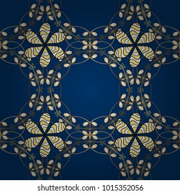 Christmas 2019, snowflake, new year. Vintage seamless pattern on a blue, yellow and white colors with golden elements.