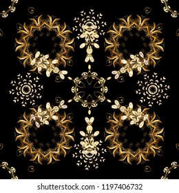 Christmas 2019, snowflake, new year. Vintage seamless pattern on a black, brown and beige colors with golden elements.