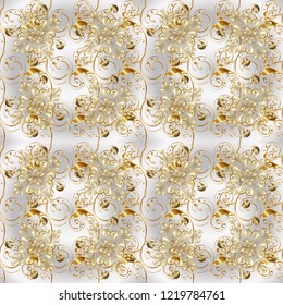 Christmas 2019, snowflake, new year. Vintage ornamental pattern on a neutral, gray and beige colors with golden elements.