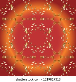 Christmas 2019, snowflake, new year. Vintage seamless pattern on a orange, red and brown colors with golden elements.