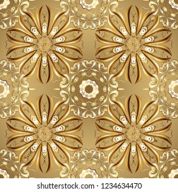 Christmas 2019, snowflake, new year. Vintage seamless pattern on a beige colors with golden elements.