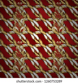 Christmas 2019, snowflake, new year. Vintage seamless pattern on a red and brown colors with golden elements.