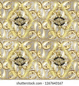 Christmas 2019, snowflake, new year. Vintage seamless pattern on a gray and neutral colors with golden elements.