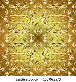 Christmas 2019, snowflake, new year. Vintage seamless pattern on a yellow and brown colors with golden elements.