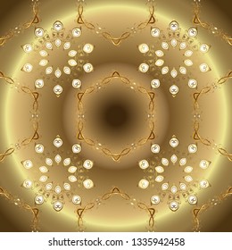 Christmas 2019, snowflake, new year. Vintage seamless pattern on a beige and brown colors with golden elements.