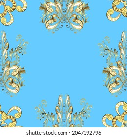 Christmas 2019, snowflake, new year. Vintage seamless pattern on a beige, yellow and blue colors with golden elements.