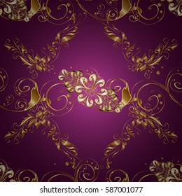 Christmas 2019, snowflake, new year. Vintage seamless pattern on a purple background with golden elements.
