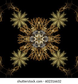 Christmas 2019, snowflake, new year. Vintage seamless pattern on a black background with golden elements.