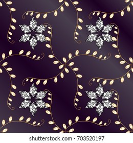 Christmas 2019, snowflake, new year. Vintage on a lilac and purple background with golden elements.