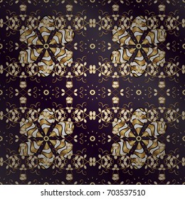 Christmas 2019, snowflake, new year. Vintage seamless pattern on a purple and lilac background with golden elements.