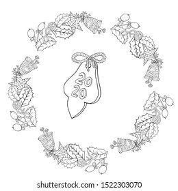 Christmas 2020 frame or wreath  coloring book or page. Vector New Year 2020 artwork. Floral, ornate, decorative, tribal, decor, Christmas. Holiday concept. Christmas coloring book page