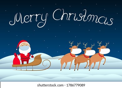 Christmas 2020 Greeting Card. Santa Claus In Medical Mask. Vector Illustration.