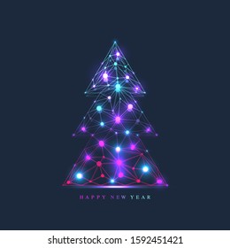 Christmas and 2020 New Year banner with tree background. Design element with connected lines and dots for greeting card, presentations, postcard, flyers, vector