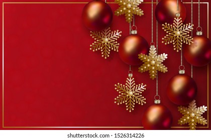 Christmas and 2020 New Year design. 3D red realistic christmas balls and decorative golden snowflakes hang on gold chains on red background. Sale, place for text. Elegant festive vector banner EPS10