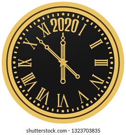Christmas 2020 New Year gold clock chimes of the Kremlin's Spassky tower against on a isolated background. The arrows show five minutes to twelve. Happy New Year. Vector illustration.