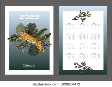 Christmas 2022 calendar with jumping tiger animal vector design. Greeting a4 printable Chinese new year template with cartoon tropical graphic christmas illustration.