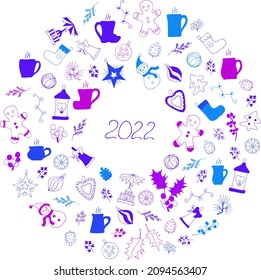 Christmas 2022 hand drawn vector illustration in bright colors. All the items you are used to seeing on the Christmas Fair and hot mulled wine cups for warm holidays feelings. EPS10
