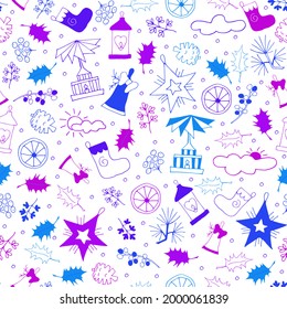 Christmas 2022 seamless pattern in bright colors. Hand drawn vector illustration in doodle style. Editable with clipping mask. EPS 10  