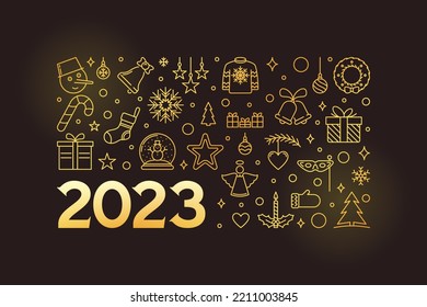 Banner conceptual de Navidad 2023 - Feliz Año Nuevo vector gráfico horizontal dorado sobre fondo oscuro 