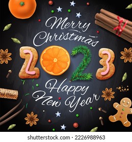 Christmas 2023 design made with cookies, spices cinnamon, anise, vanilla, oranges. Vector illustration