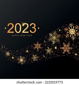 Christmas and 2023 New Year greeting card, poster, banner, print, invitation, template on black background deocrated with gold snowflakes and text. EPS 10