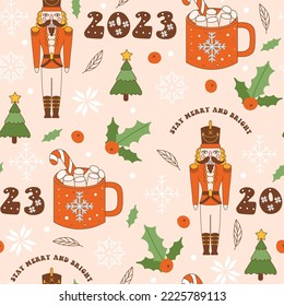 Christmas 2023 retro seamless pattern with groovy Nutcracker toy, hot chocolate cup, holly, spruce, slogan text and abstract elements. Vintage vector.