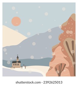 Christmas 2023 winter season greeting,hand drawn vector illustration landscape of winter countryside.2023 winter color tone