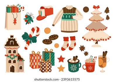 Christmas 2024 mega set in flat design. Bundle elements of gifts, candy, mailbox, sweater, festive tree, cookies, gingerbread house, mulled wine and other. Vector illustration isolated graphic objects