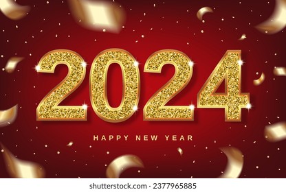 Christmas 2024 numbers sparkle with gold, ribbons and swirling confetti. symbol with soft shadow. 3D realistic illustration. Red background. Vector.