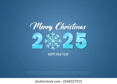 Natal e 2025 Ano Novo banner com grandes números e floco de neve em fundo azul.