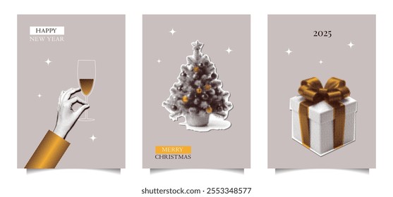 Christmas and 2025 New year halftone collage cards, posters, banners set. Cut out of magazine shapes, dotted vintage texture. Minimal modern retro vector illustration
