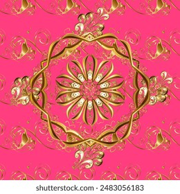 Christmas 2025, snowflake, new year. Vintage seamless pattern on a beige, brown and pink colors with golden elements.