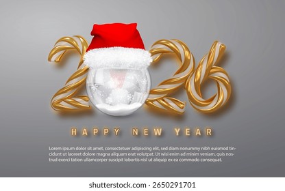 Christmas 2026 Candy Cane Gold Numbers With Santa Hat And Snow Globe On Gray Background. Festive Holiday Greeting For Winter Celebrations. Vector Illustration.