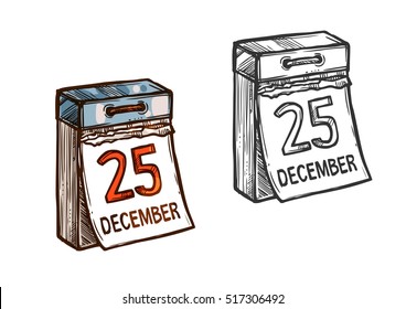 Christmas 25 December Date. Wall Calendar With Torn Sheets On Christmas Day. Isolated Vector Sketch Icon