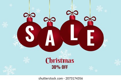 Christmas 30% OFF. Blue banner with white snowflakes and christmas balls.