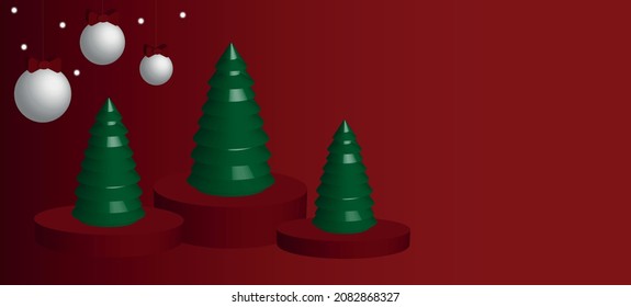 Christmas 3d background. Red cylindrical podiums, on red christmas background, with christmas  tree and christmas balls with bow. Vector or illustration.