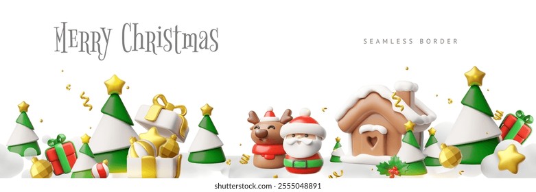 Christmas 3D banner illustration with Santa, reindeer, pine trees, gingerbread house, gifts and confetti. Holiday background with seamless bottom border. Space for text. Plastic style. Vector.