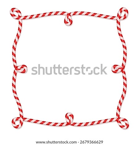 Christmas 3d candy cane square frame with loops in red and white stripes. Xmas border with striped candy lollipop pattern. Blank christmas and new year template. Vector illustration isolated