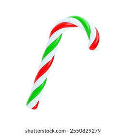 Christmas 3d cartoon candy cane caramel with red, white, and green stripes isolated on a white background. Element for Merry Christmas and Happy New Year design cards and promo. Vector illustration.