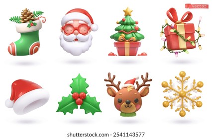 Navidades, juego de Vectores de dibujos animados 3D. Calcetín, Santa Claus, árbol de Navidad, caja de regalo, sombrero de Santa, roble de Holly, ciervo, copo de nieve