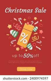 Christmas 3D coupon with firecracker of snowy trees, tinsel, stars. Confetti render with percentage voucher. New Year retail vertical flyer, offer banner template. Vector bright illustration.