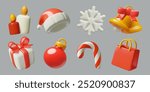 Christmas 3d elements collection. Santa hat, present and gift bag, snowflake, bells, candles, candy cane and Christmas ball in a cute minimal plastic style.