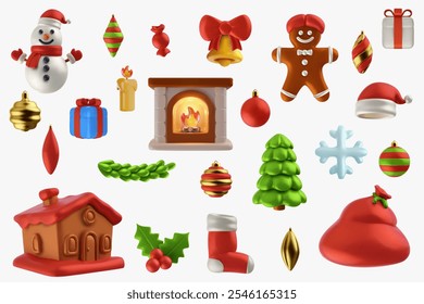 Christmas 3d elements in realistic vector style. Set of festive new year decoration isolated on white background. Fireplace, house, snowman, toys, gift box, gingerbread, santa hat, sock, bell, candy.