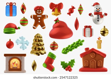 Navidades Elementos 3D en estilo de Vector realista. Conjunto de decoración festiva de año nuevo aislado sobre fondo blanco. Chimenea, casa, muñeco de nieve, juguetes, caja de regalo, pan de jengibre, sombrero de santa, calcetín, campana, caramelo.