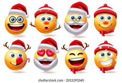 Christmas 3d emojis character vector set. Christmas characters like santa claus, snowman and emoji isolated In white background for xmas emoticon avatar collection design. Vector illustration 
