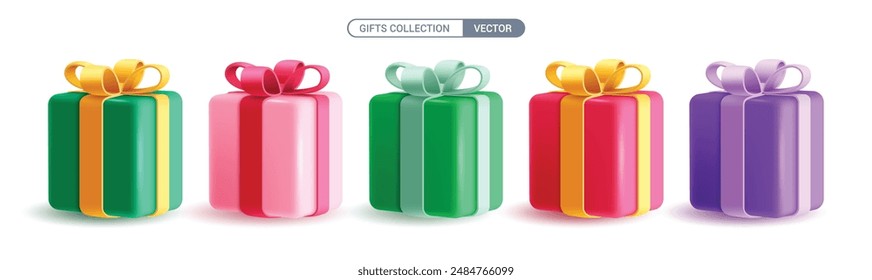 Christmas 3d gifts vector set design. Christmas gift boxes elements for surprise and present xmas party decoration. Vector illustration seasonal gifts elements collection.
